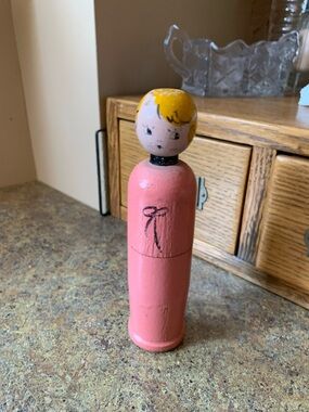 Vintage Hand-Painted Wooden Crayon Holder Peg Doll